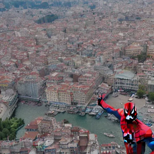 Image similar to Spider-man on top of the Galata Tower in Istanbul, photorealistic, 4K, 200mm lens