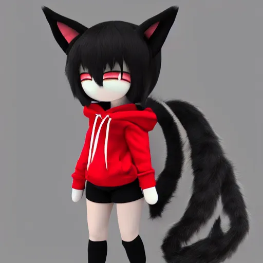 Prompt: cute fumo plush of a catgirl in a red hoodie, anime girl, animal ears, chibi, black and white, vray