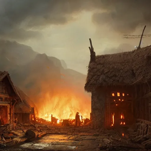 Image similar to a portrait of an village getting burned down by vikings, Matte painting , detailed painting, made by Greg Rutkowski, 4k resolution, atmospheric, extremely high detail