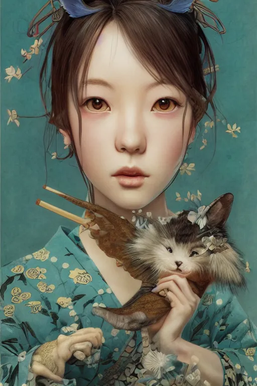 Image similar to a cover of japanese art portrait of a cute girl magazine about animal creatures bio by illustrated by miyazaki by karol bak, james jean, tom bagshaw, rococo, sharp focus, trending on artstation, cinematic lighting, hyper realism, octane render, 8 k, hyper detailed, vivid, ultra detailed, highly detailed