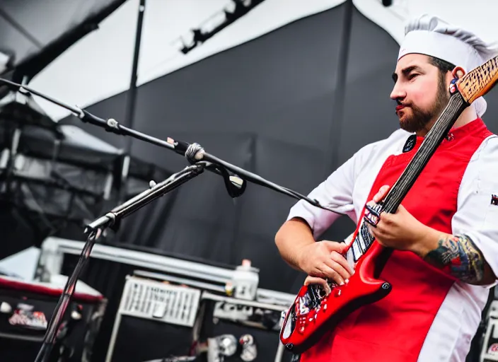 Image similar to photo still of chef boyardee on stage at vans warped tour!!!!!!!! at age 3 3 years old 3 3 years of age!!!!!!!! shredding on guitar, 8 k, 8 5 mm f 1. 8, studio lighting, rim light, right side key light