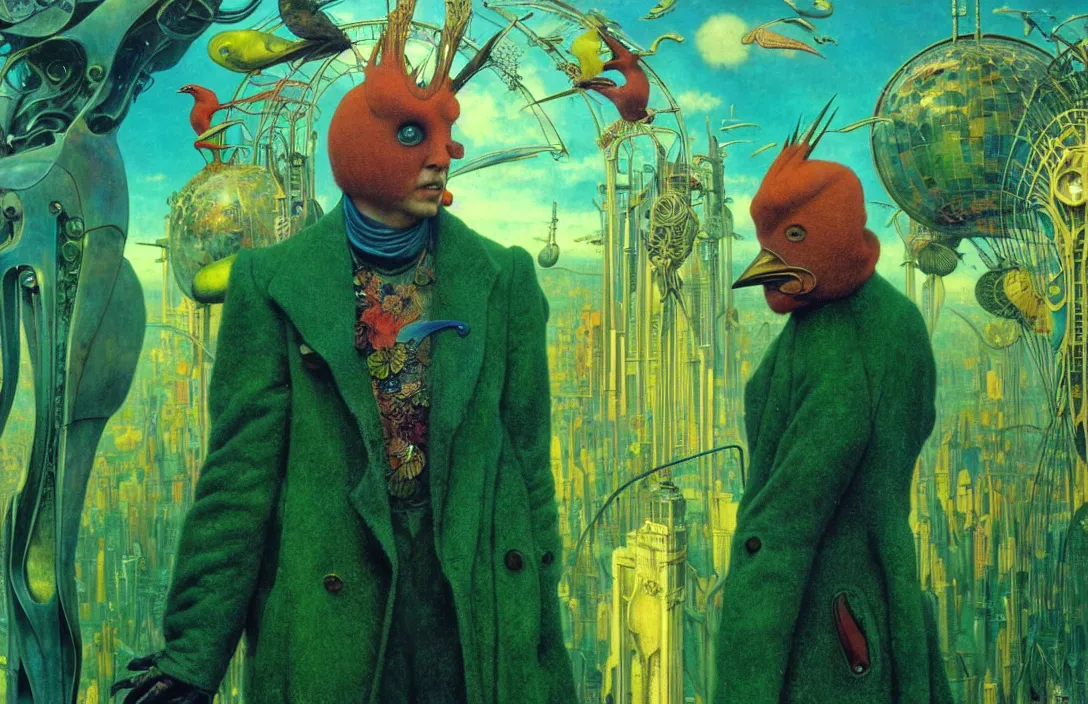 Prompt: realistic detailed portrait movie shot of a birdman wearing green leather coat, sci fi city landscape background by denis villeneuve, amano, yves tanguy, alphonse mucha, ernst haeckel, max ernst, roger dean, masterpiece, rich moody colours, blue eyes