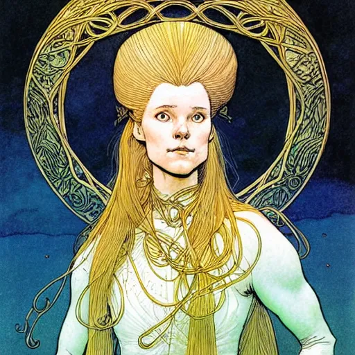 Image similar to a beautiful portrait of sanna!!!!! marin!!!!!, the young female prime minister of finland as a druidic wizard by rebecca guay, michael kaluta, charles vess and jean moebius giraud