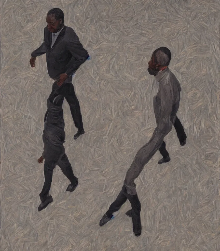 Image similar to portrait of a black man in the style of lucian freud walking towards us. camera perspective from below. hyperrealistic. discomfort