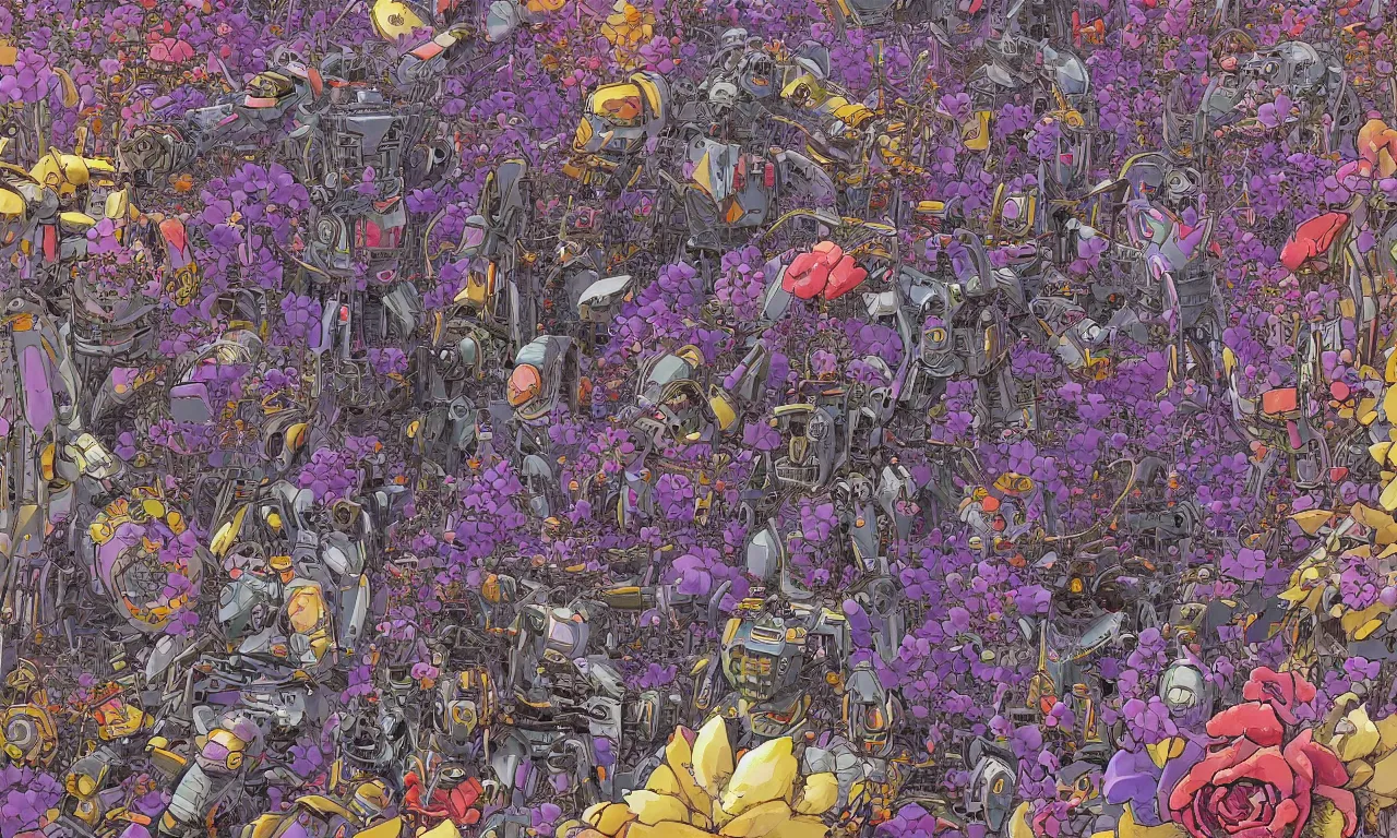 Image similar to a battle mech war in a mystical field of flowers, detailed line drawing, intricate, hd, digital art, complementing colors, detailed, illustration painting by alex gray, digital art, moebius