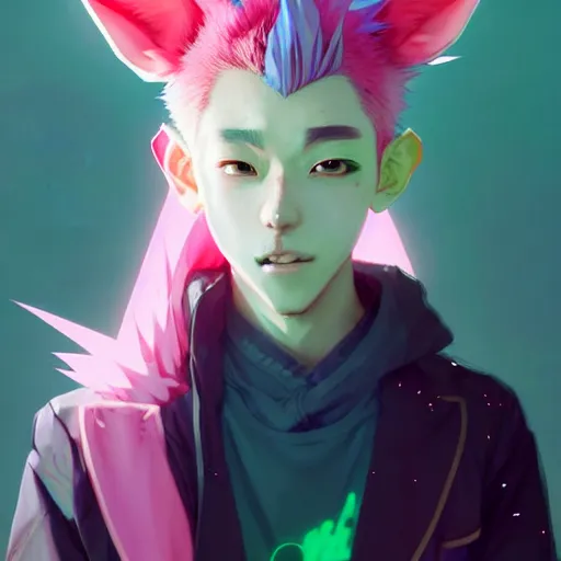 Image similar to a beautiful portrait of a handsome anime male boy with pink hair and pink wolf ears and green eyes wearing cyberpunk clothes. character design by cory loftis, fenghua zhong, ryohei hase, ismail inceoglu and ruan jia. artstation, volumetric light, detailed, photorealistic, fantasy, rendered in octane