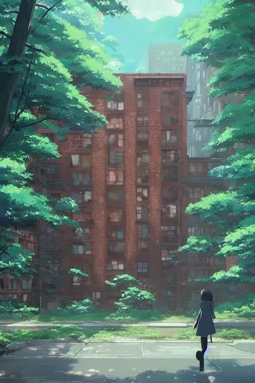 Image similar to (((((a ramshackle manhattan brick brownstone deep in the forest))))) by Makoto Shinkai!!!!!!!!!!!!!!!!!!!!!!!!!!!