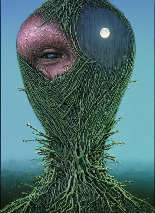 Prompt: blockchain headquater mother ginoid by zdzislaw beksinski and hajime sorayama lush plants and spiky bones everywhere, the moon is big as a the city, high fashion, magic details, by james jean, hd, 8 k, trending on artstation, uhd