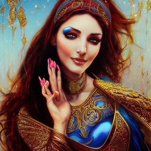 Image similar to a beautiful arabian woman by karol bak, ayami kojima, artgerm, arabian beauty, blue eyes, smile, concept art, fantasy