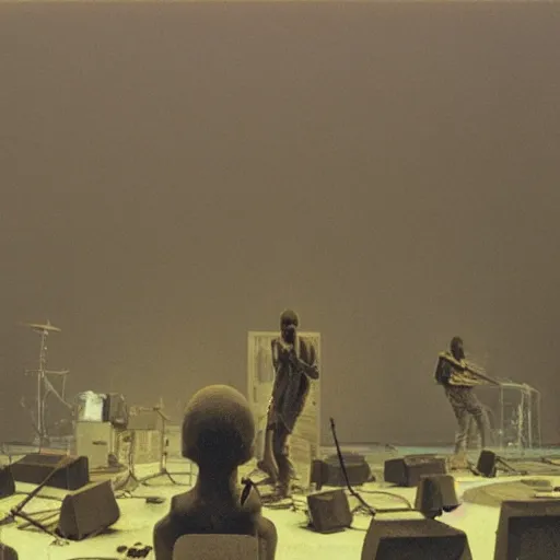 Prompt: concert photograph of death grips, mc ride, death grips, playing a concert in a desolate brutalist wasteland, painted by zdzislaw beksinski