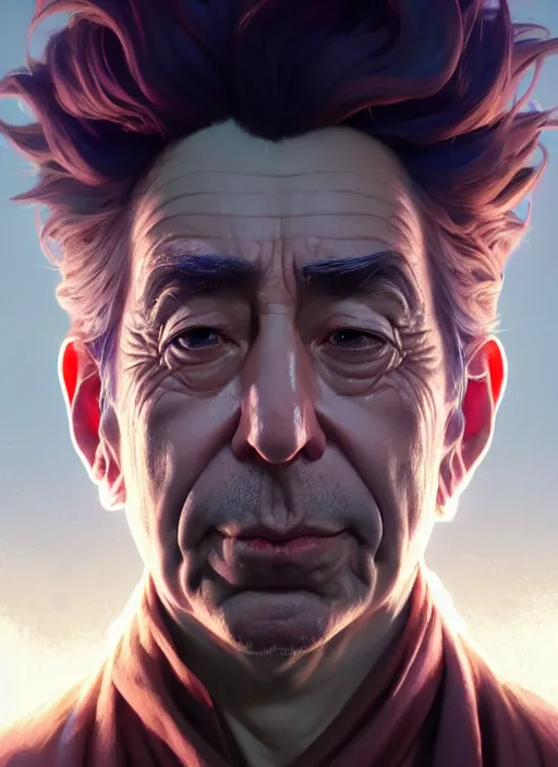 Image similar to concept art by artgerm, amazingly beautiful portrait of a hyper realistic, frowning, sad rick sanchez by greg rutkowski, artgerm, alphonse mucha, concept art, octane render, highly detailed, high quality, 8 k, soft lighting, path traced, and uang guangjian and gil elvgren, symmetry!!