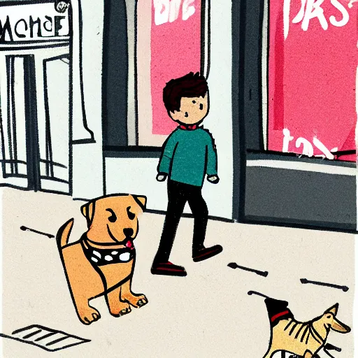 Image similar to illustration of boy playing football with his dog on the streets of paris, his dog dog is a corgi that wears a polkadot scarf