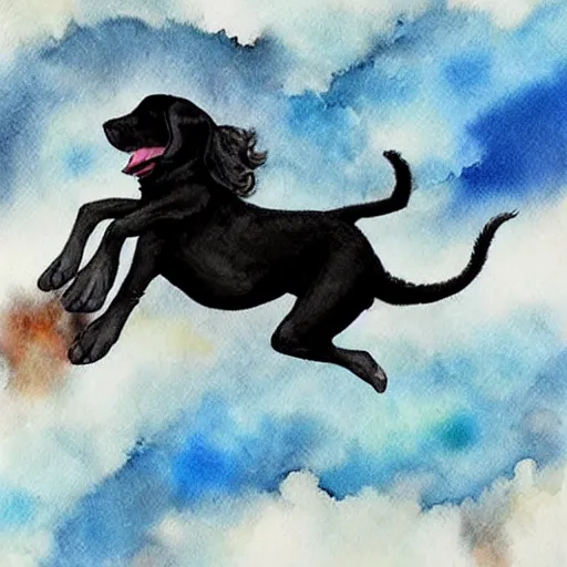 Image similar to egyptian man with long curly hair skydiving with a small black puppy, dreamy clouds, pastel tones, watercolor painting, intricate details, sharp, fairylike, peaceful