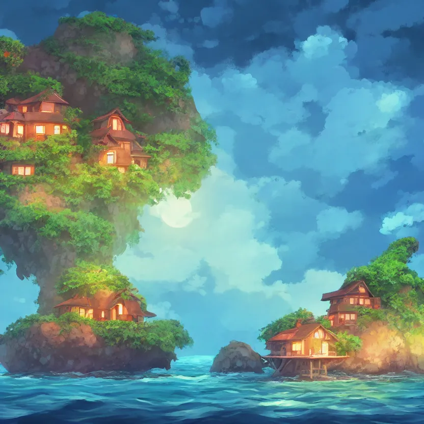 Image similar to a house on an island in the middle of the ocean in the style of studio ghibli, beautiful lighting, vivid colors, intricate, elegant, smooth, sharp focus, highly detailed digital painting, concept art, cinematic, unreal engine, 4 k wallpaper, cgsociety, artstation trending, deviantart featured