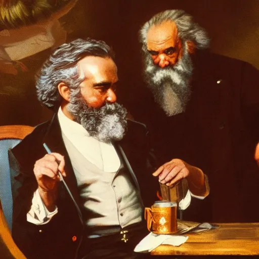 Image similar to Jordan Peterson having a conversation with Karl Marx by Greg Rutkowski, 4k, masterpiece