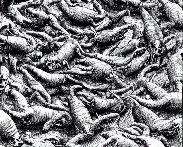 Image similar to A swarm of flying alien hippos drawn by Kentaro Miura, extremely high detail, manga, ink