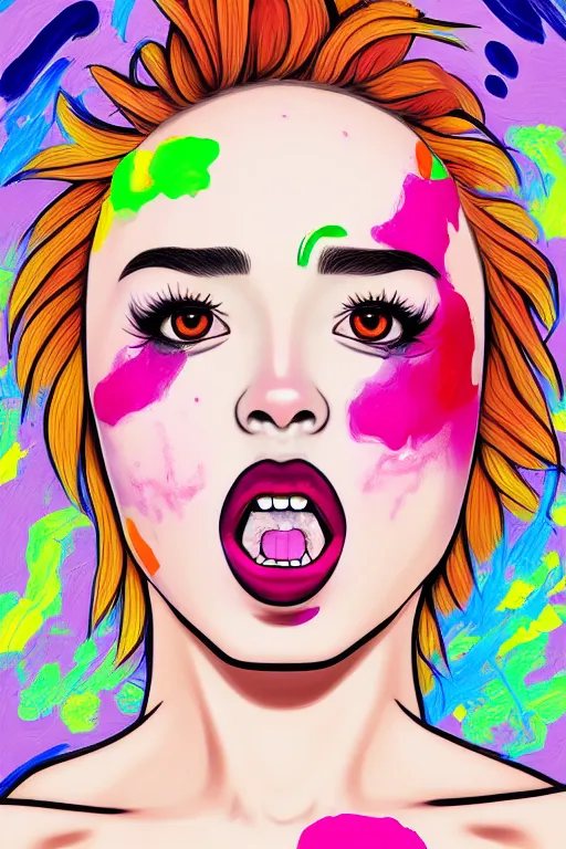 Prompt: girl make ahegao face - aesthetic, smooth painting, 9 seeds have ultra detailed, 4 k, illustration, comical, acrylic paint style, pencil style, torn cosmo magazine style, pop art style, ultrarealism, by mike swiderek, jorge lacera, ben lo, tyler west