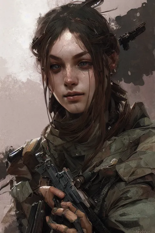 Image similar to A full portrait of a beautiful post apocalyptic commando, intricate, elegant, highly detailed, digital painting, artstation, concept art, smooth, sharp focus, illustration, art by Krenz Cushart and Artem Demura and alphonse mucha