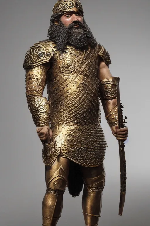 Prompt: ancient Mesopotamian warrior, thick braided beard with golden rings, intricate bronze armour, very muscly, dark skin, strongman, big smile.