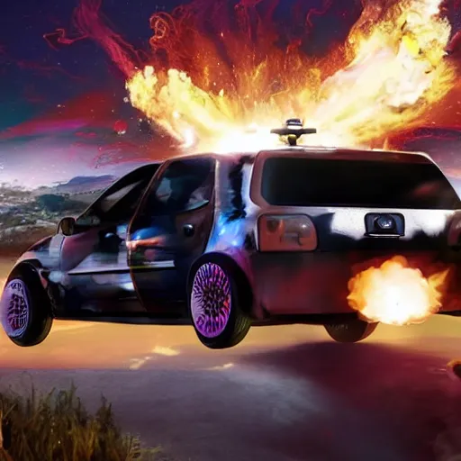 Image similar to Wide angle photo of walter white on a hoverboard with an exploding car behind him, color, cinematic lighting