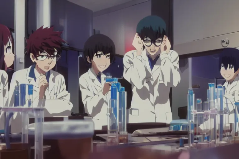 Prompt: anime still of reckless!!! whimsical! trippy laughing! scientists in a lab inventing, presentation, scattered tables overloaded with doomsday devices and beakers and test tubes, by makoto shinkai yoshinari yoh ilya kuvshinov