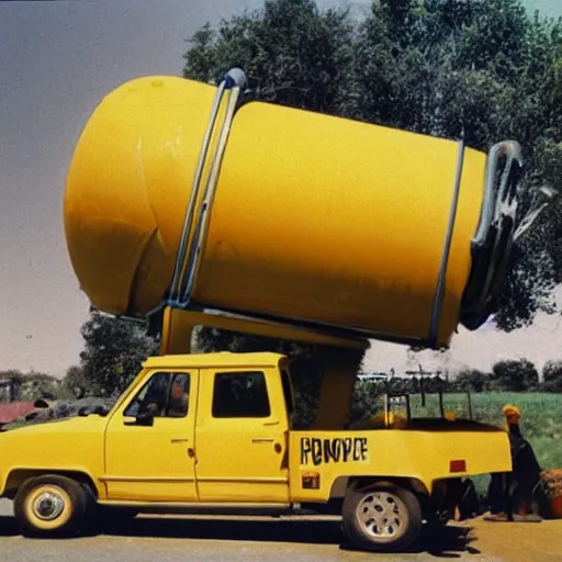 Prompt: cement truck that distributes mustard award winning photo 1970s kodak picture