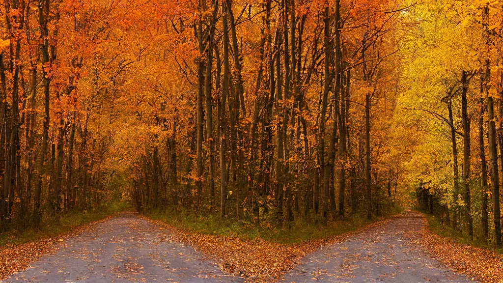 Image similar to a photograph of a country road lined on both sides by maple and poplar trees, in the autumn, red orange and yellow leaves, some leaves have fallen and are under the trees and on the road