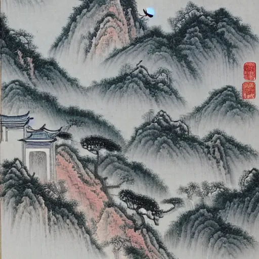 Image similar to a chinese landscape painting of a building in a serene landscape