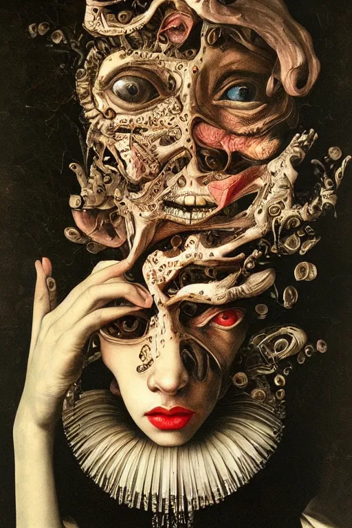 Prompt: Detailed maximalist portrait with large lips and with large, wide eyes, sad expression, HD mixed media, 3D collage, highly detailed and intricate, surreal, bone extra hands, illustration in the style of Caravaggio, dark art, baroque