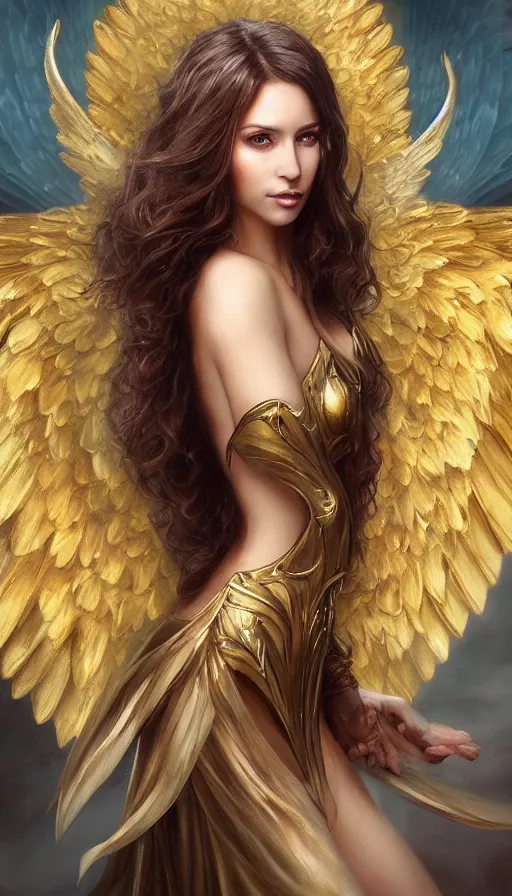 Prompt: a beautiful woman archangel big golden wings, full body, 8 k, hyperrealistic, sharp focus, hyperdetailed, beautiful face, long dark hair, dark fantasy, fantasy portrait by laura sava