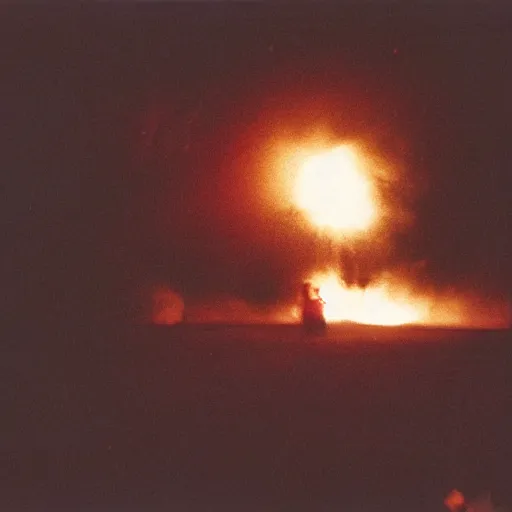 Prompt: A grainy underexposed Fujifilm 200 photograph of a vagrant exploding