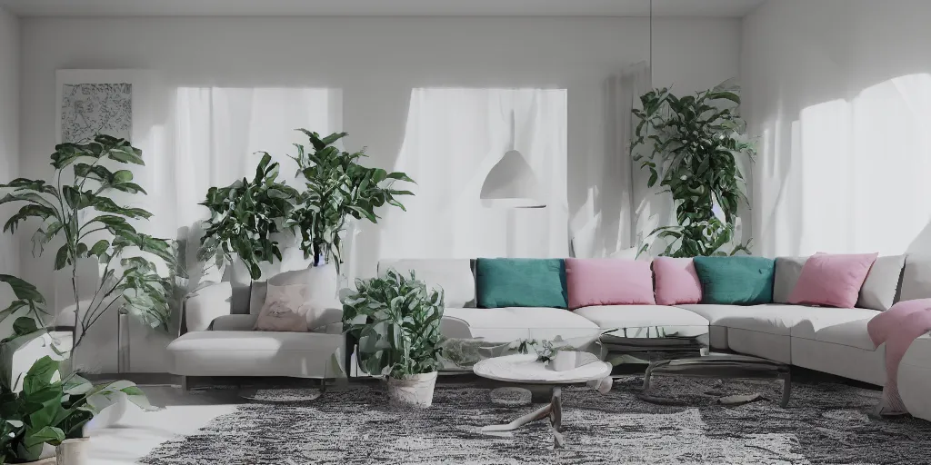 Prompt: a modern indoor living room, clean architecture, pastel colored, baroque, a couch, a couch table, some fresh plants, daylight, peaceful, 8 k octane render