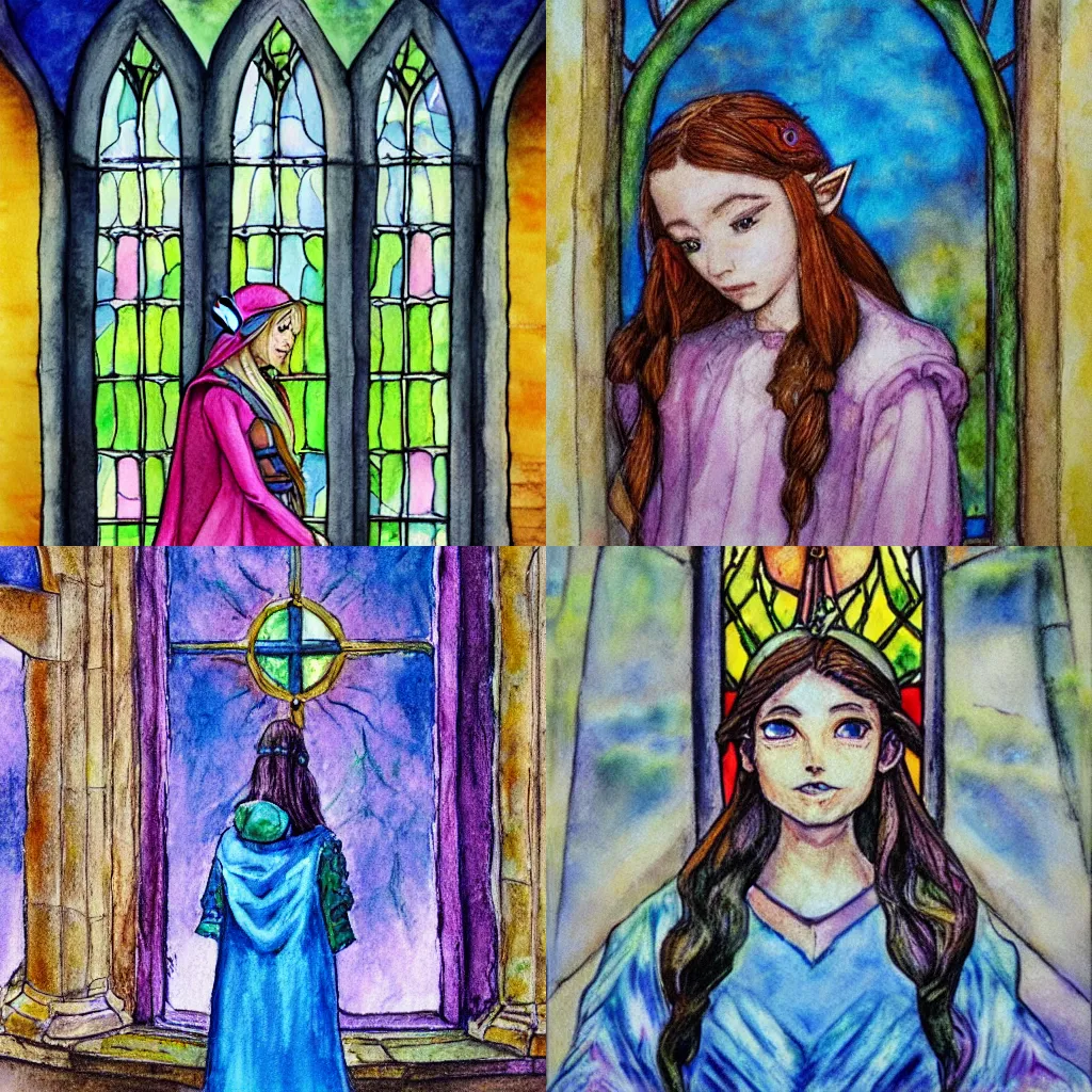 Prompt: princess zelda facing camera in front of church window, surrealism, impressionism, pastel, watercolor, highly detailed, coherent, sharp focus