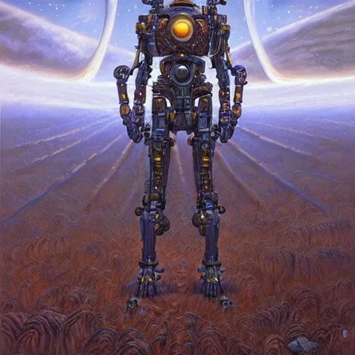 Image similar to the edge of the universe (on film), cybernetic cyborg warrior, by Vladimir Kush and Donato Giancola