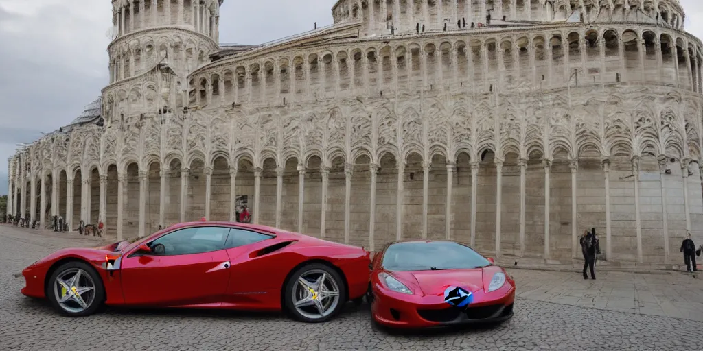 Image similar to a ferrari car next to the pisa tower