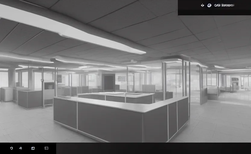 Image similar to screenshot of game on unreal engine 5, a large white empty breakroom with a security checkpoint, photorealistic, retrofuturism, brutalism, minimalist, soft vintage glow