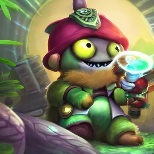 Image similar to teemo sits in bandle city getting high off shrooms, league of legends