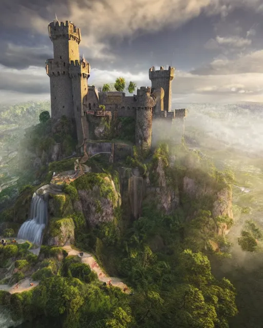 Image similar to a beautiful fantasy landscape of a large majestic medieval castle with lots of towers and huge walls on top of a lush cliff with a huge waterfalls in the middle, ruins of structures at the bottom, afternoon light streaking with god rays, ornate, detailed, octane render, 8k, trending on artstation deviantart google images, pinterest, canon 35mm lens