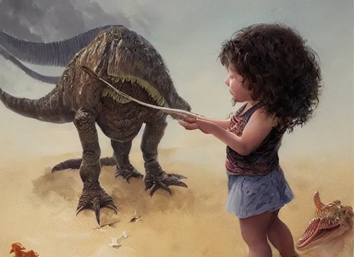 Image similar to a cute little girl with wavy curly brown hair meets a realistic accurate dinosaur. beautiful painting by greg rutkowski