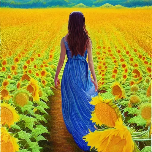 Image similar to a girl in really long dress slowly walking through amazing tall sunflower field, hair flowing, early morning lighting, elegant, subtle, intricate details, real masterpiece, oil on canvas, by somsak anong