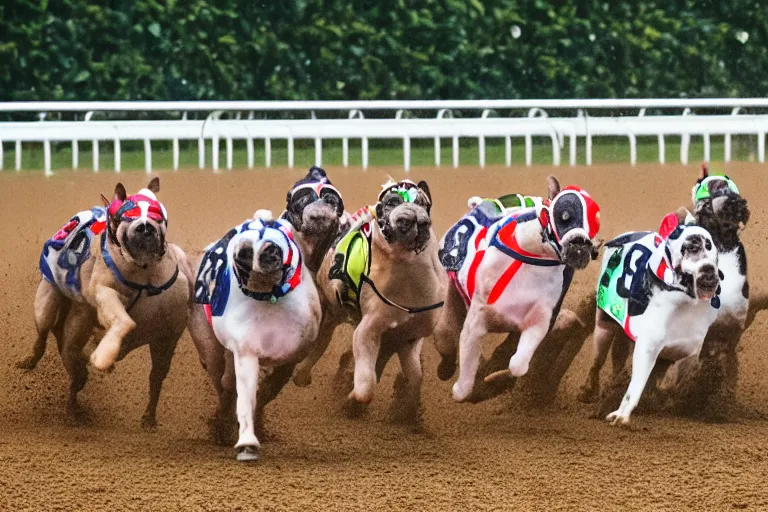 Image similar to an award winning shot a horse racing track with racing bulldogs that are winning the race at the finish line