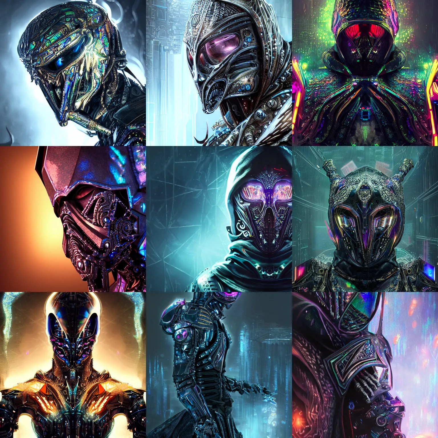 Prompt: Ultra realist and ultra intricate dark detailed painting of an powerful hooded armor iridescent assassin king, human face biomechanical complex body, 3D render, symmetry, rich style, glowing iridescent sparks and smoke behind, crystallic cyberpunk megastructure background, artstation, colorful, badass, dark ominous stealth, unreal render, depth of field