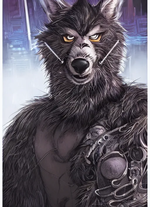 Image similar to aesthetic portrait commission of a of a male fully furry anthro ( animal ) with a tail and a beautiful attractive hyperdetailed face wearing wearing a outfit in a sci - fi dystopian city at golden hour while it storms in the background. character design by dayer, diego 5, detailed, inked, western comic book art, award winning film poster painting