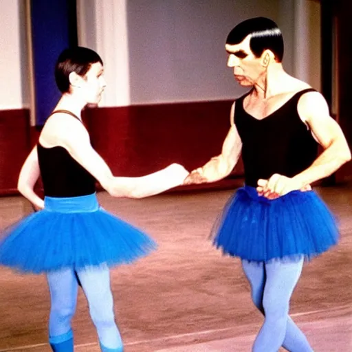 Prompt: color photo of spock wearing a blue tutu!!! taking ballet lessons from a female klingon!!!!!!!!!!!!!, female klingon dancing instructor, klingon klingon