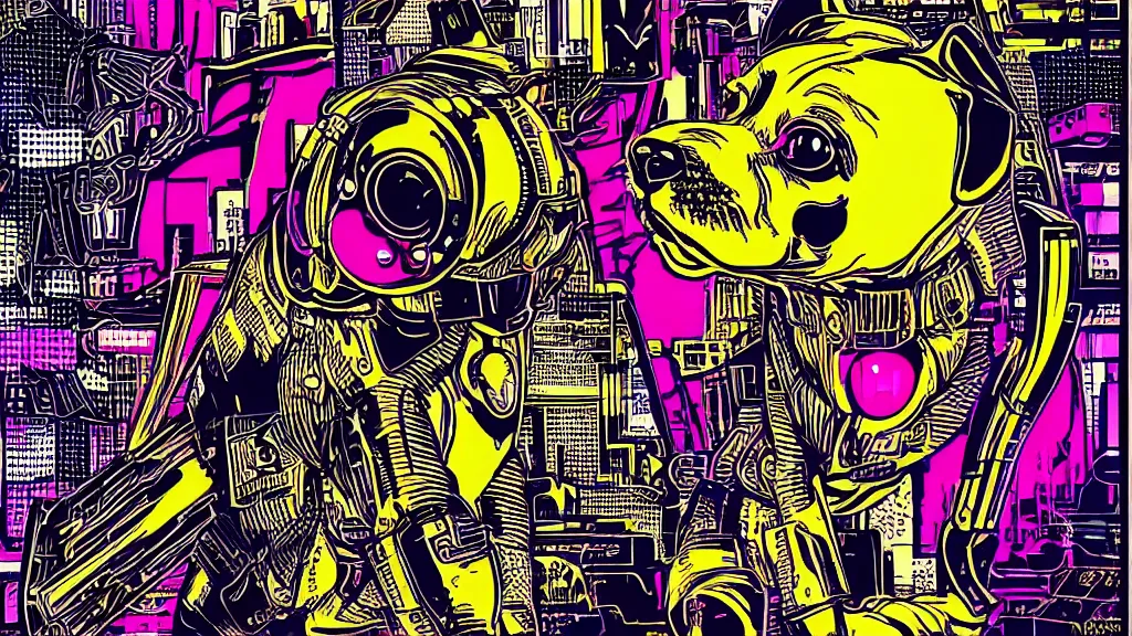 Prompt: dog futuristic japanese backlight cyberpunk by roy lichtenstein, by andy warhol, ben - day dots, pop art, bladerunner, pixiv contest winner, cyberpunk style, cyberpunk color scheme, mechanical, high resolution, hd, intricate detail, fine detail, 4 k