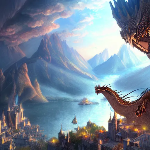 Image similar to the dragon smaug flying over lake town from the hobbit highly detailed, digital painting, concept art, sharp focus, by makoto shinkai