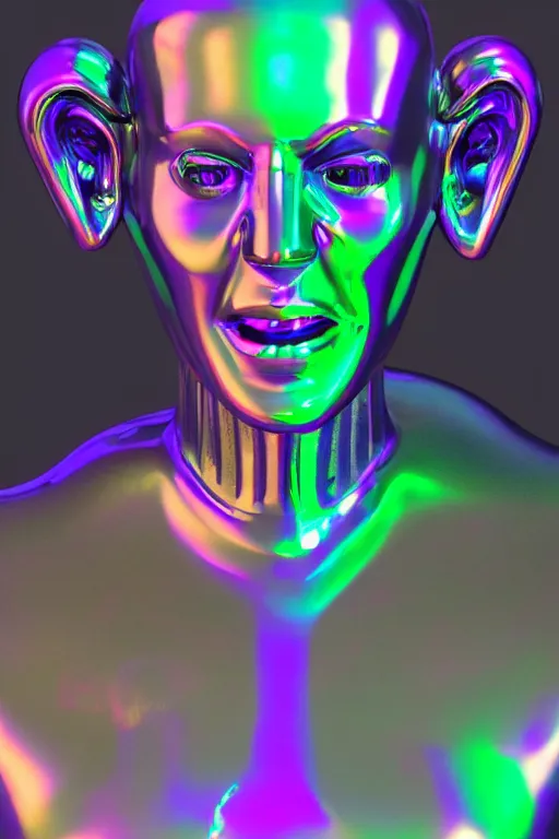 Image similar to 3d render of holographic angry human robotic screaming angry bust made of glossy iridescent, screaming, bust, surrealistic 3d illustration of a human non-binary, non binary model, 3d model human, cryengine, made of holographic texture, holographic material, holographic rainbow, concept of cyborg and artificial intelligence