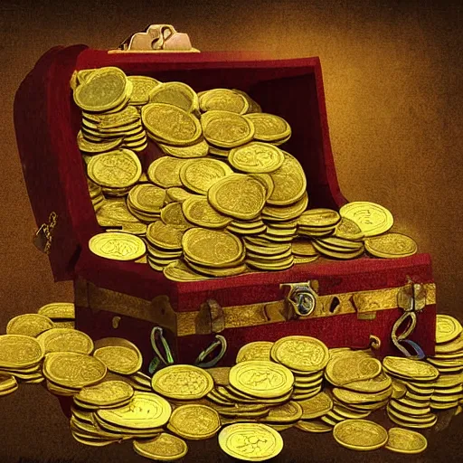 Image similar to a treasure chest full of gold coins and gems, digital art