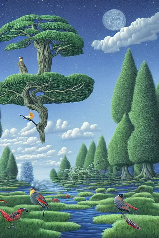 Prompt: looking straight on forest with twisting fantasy tress and pond with birds, Digital Matte Illustration by rob Gonsalves