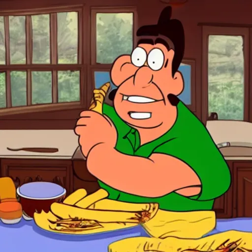 Prompt: Fred Flintstone eating tamales, animated